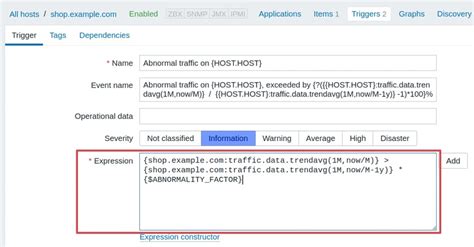 Jul 15, 2014 In your case, you want to check the HTTP error code, so the trigger would be like HOSTweb. . Zabbix trigger expression examples